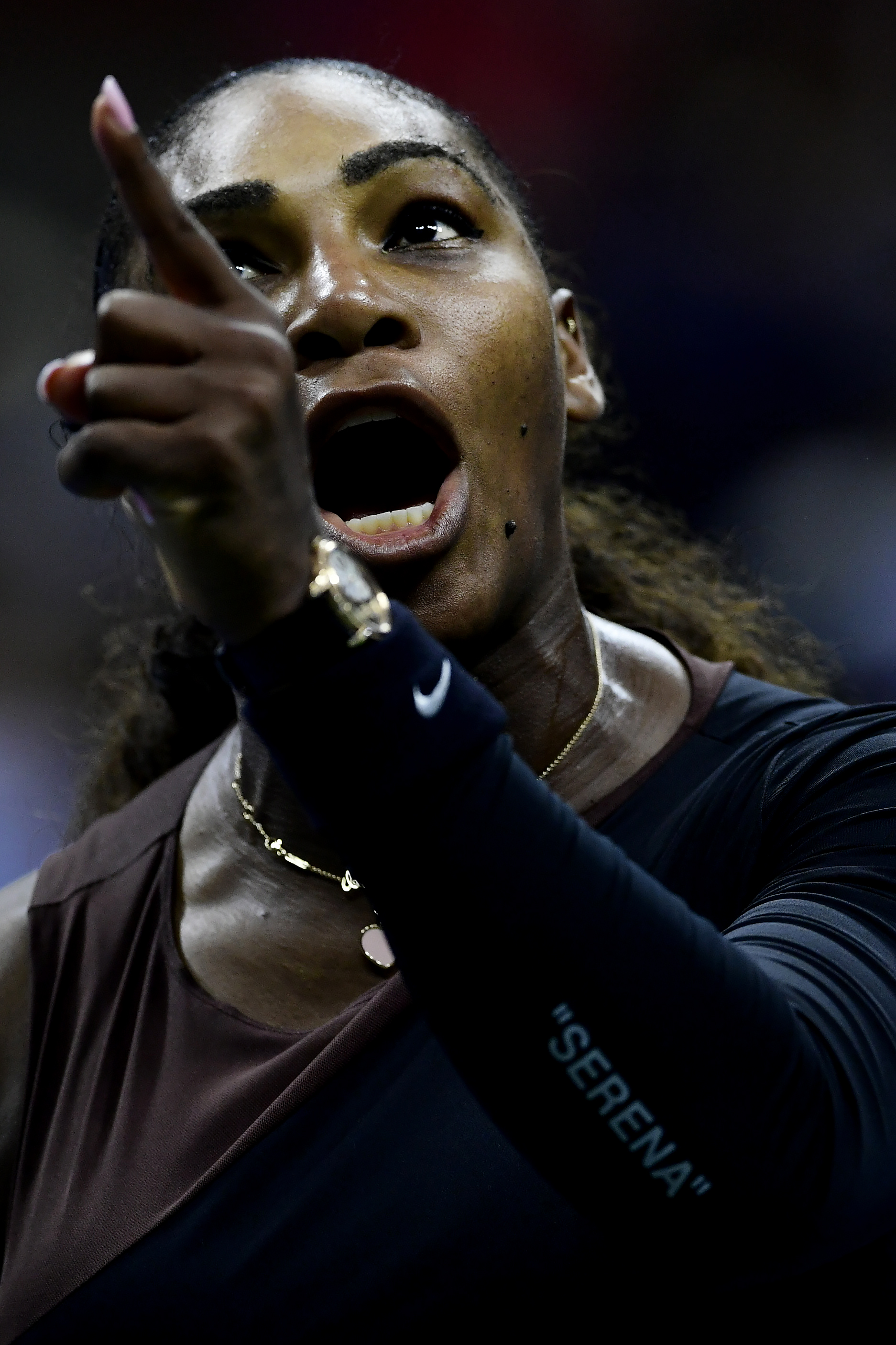  Serena Williams of the United States argues with umpire Carlos Ramos during her Women's Singles finals match against Naomi Osaka of Japan on Day Thirteen of the 2018 US Open at the USTA Billie Jean King National Tennis Center on September 8, 2018 in