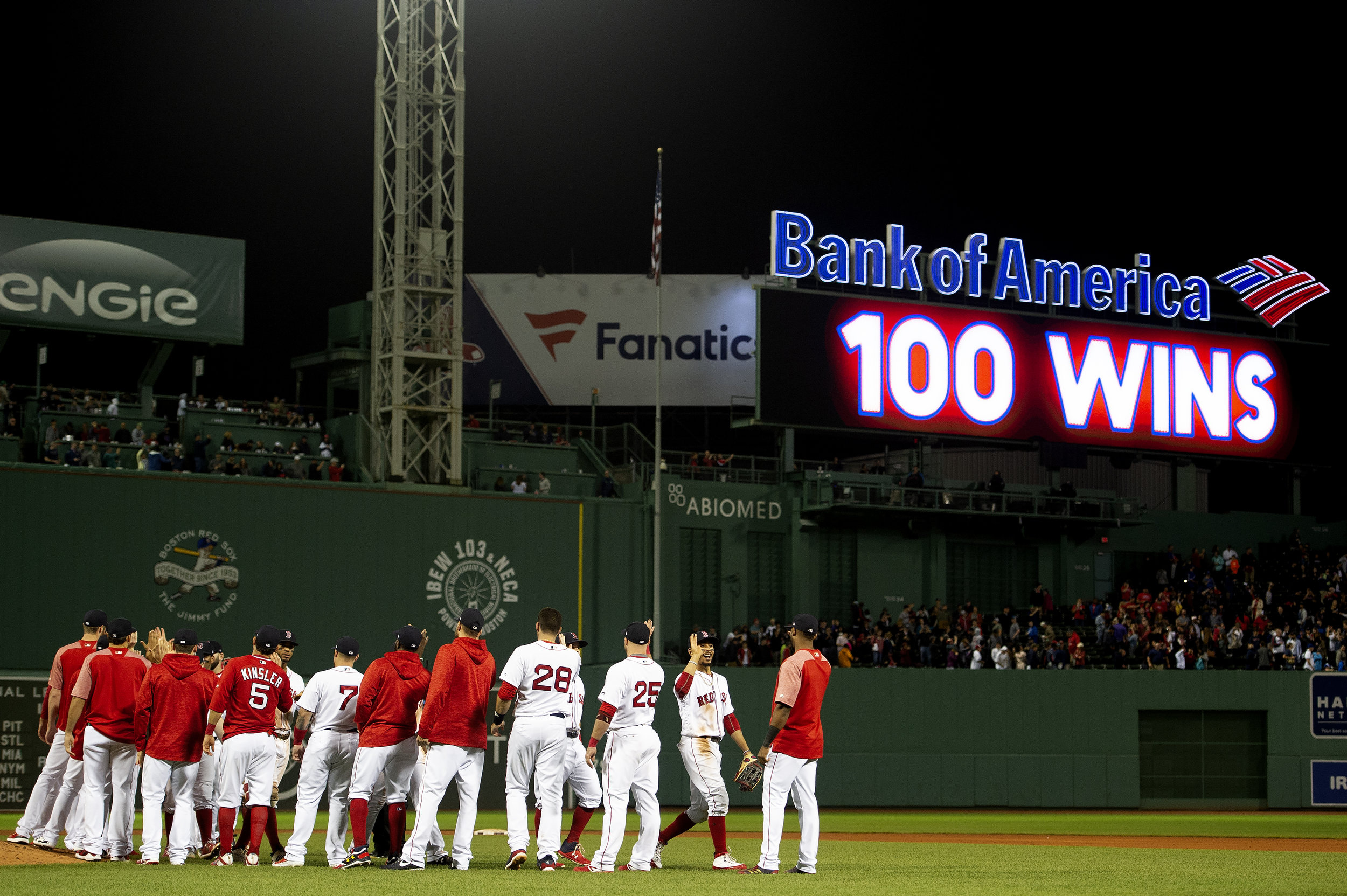  The Boston Red Sox are the first team to earn 100 wins, defeating the Toronto Blue Jays 1-0 at Fenway Park in Boston, Massachusetts Wednesday, September 12, 2018. This was their first 100-win season since 1946. 