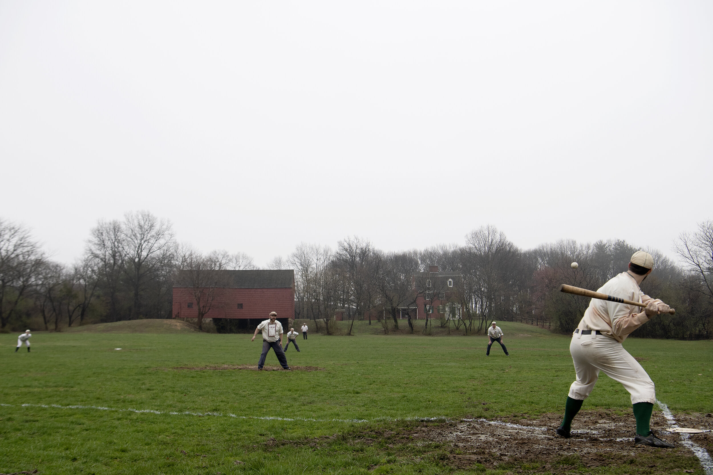  A general view of the playing field during the game between the New York Mutuals and the Brooklyn Atlantics at Old Bethpage Village Restoration on April 13, 2019 in Old Bethpage, NY. 