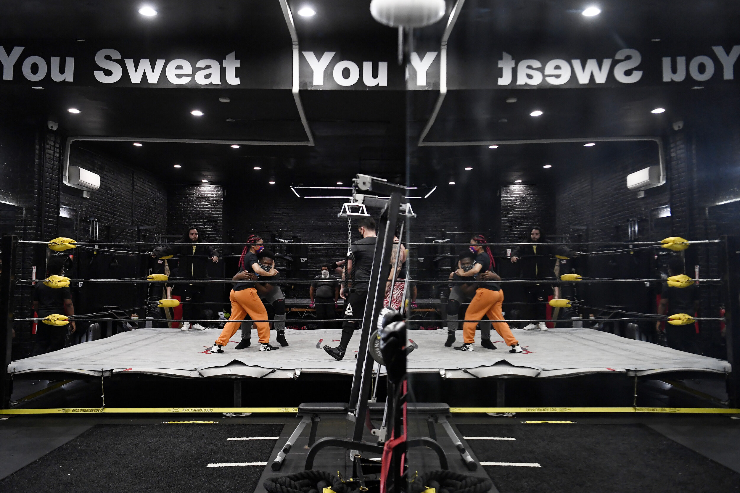  Wrestlers run through drills at the Technique 2 Training Wrestling Academy practice session on October 28, 2018, in Williamsburg, Brooklyn, New York. 