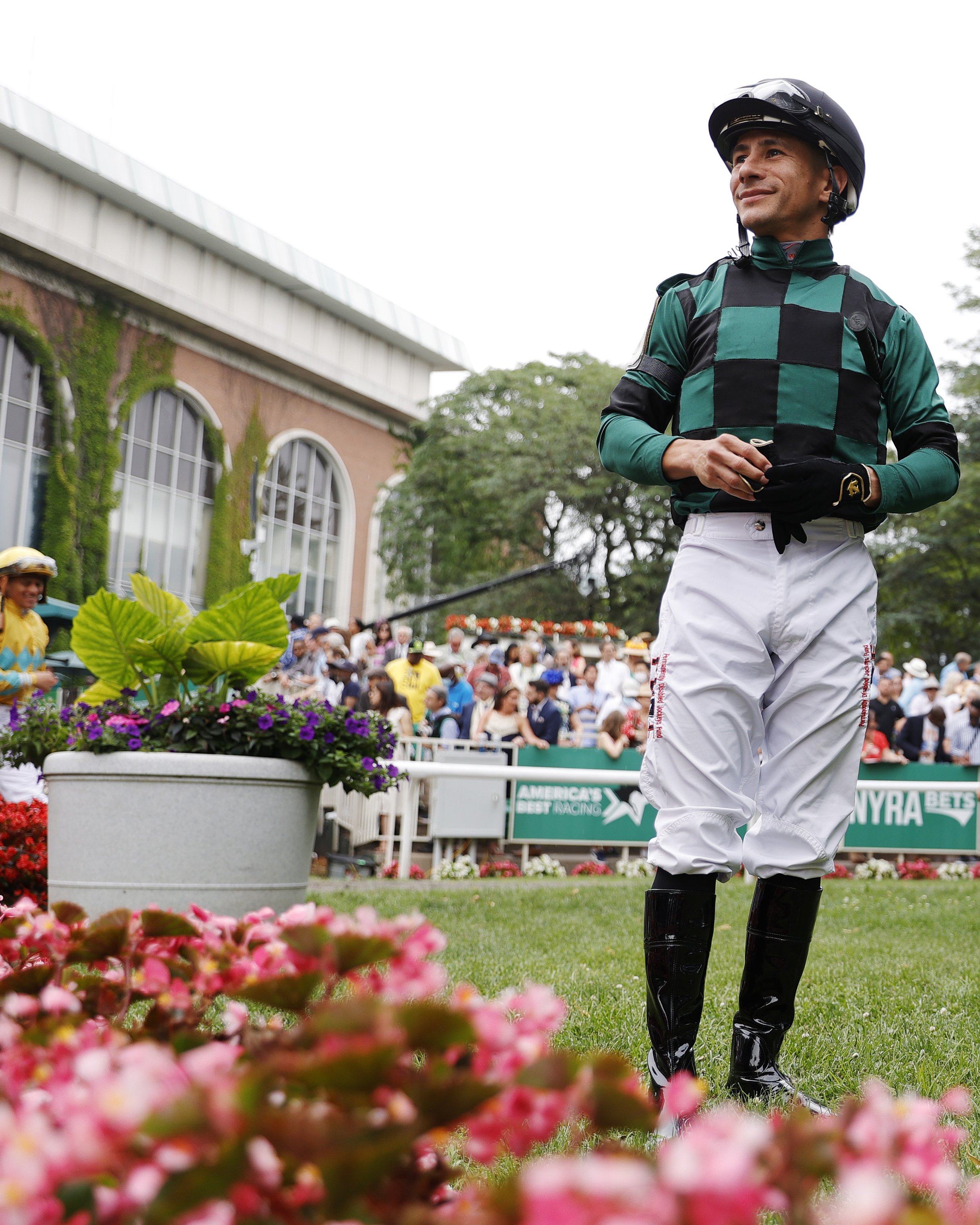  Junior Alvarado prepares to ride Smokin' Jay during the 39th running of The Jaipur at Belmont Park on June 11, 2022 in Elmont, New York. 