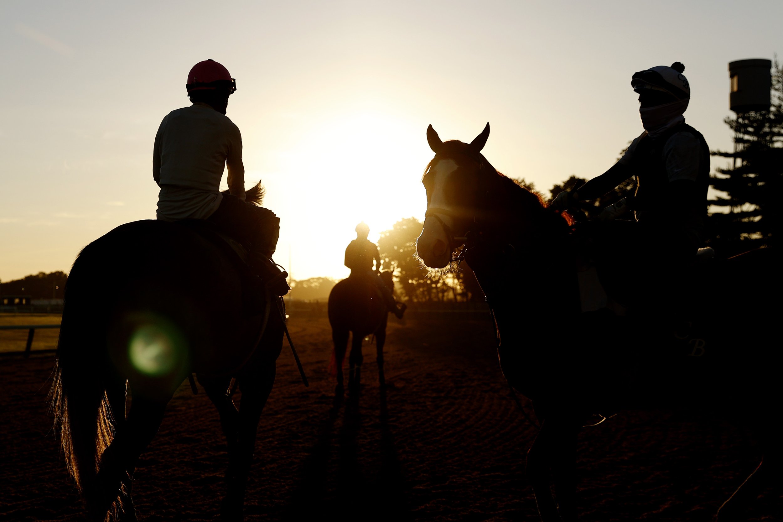  Horses and exercise riders train on the track during a morning workout prior to the 154th running of the Belmont Stakes at Belmont Park on June 07, 2022 in Elmont, New York. 