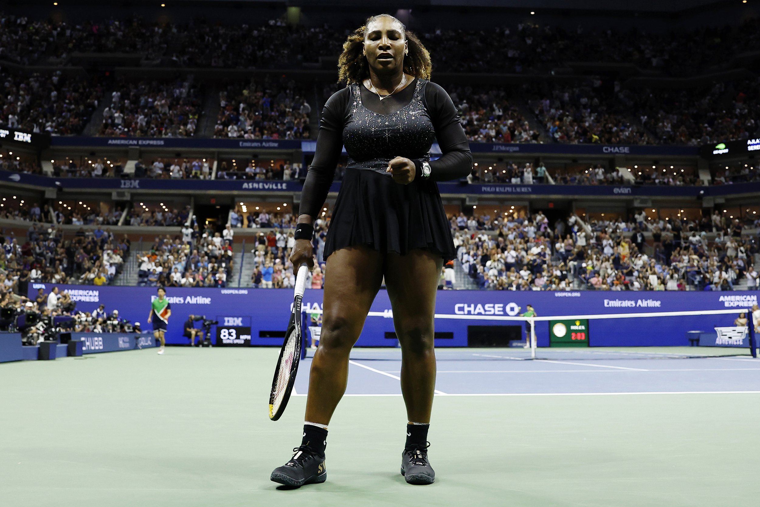  Serena Williams of the United States reacts in the third set against Ajla Tomlijanovic of Australia during their Women's Singles Third Round match on Day Five of the 2022 US Open at USTA Billie Jean King National Tennis Center on September 02, 2022 