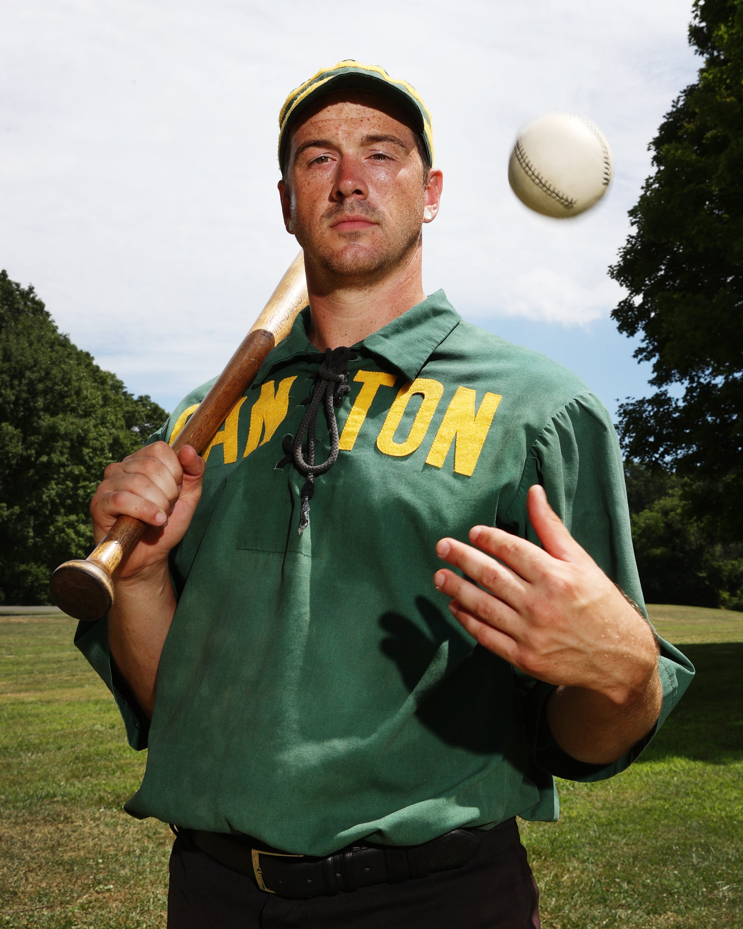  Mike Fini of the Canton Cornshuckers poses for a portrait during the 25th Annual Doc Adams Old Time Base Ball Festival at Old Bethpage Village Restoration on August 07, 2022 in Old Bethpage, New York. 