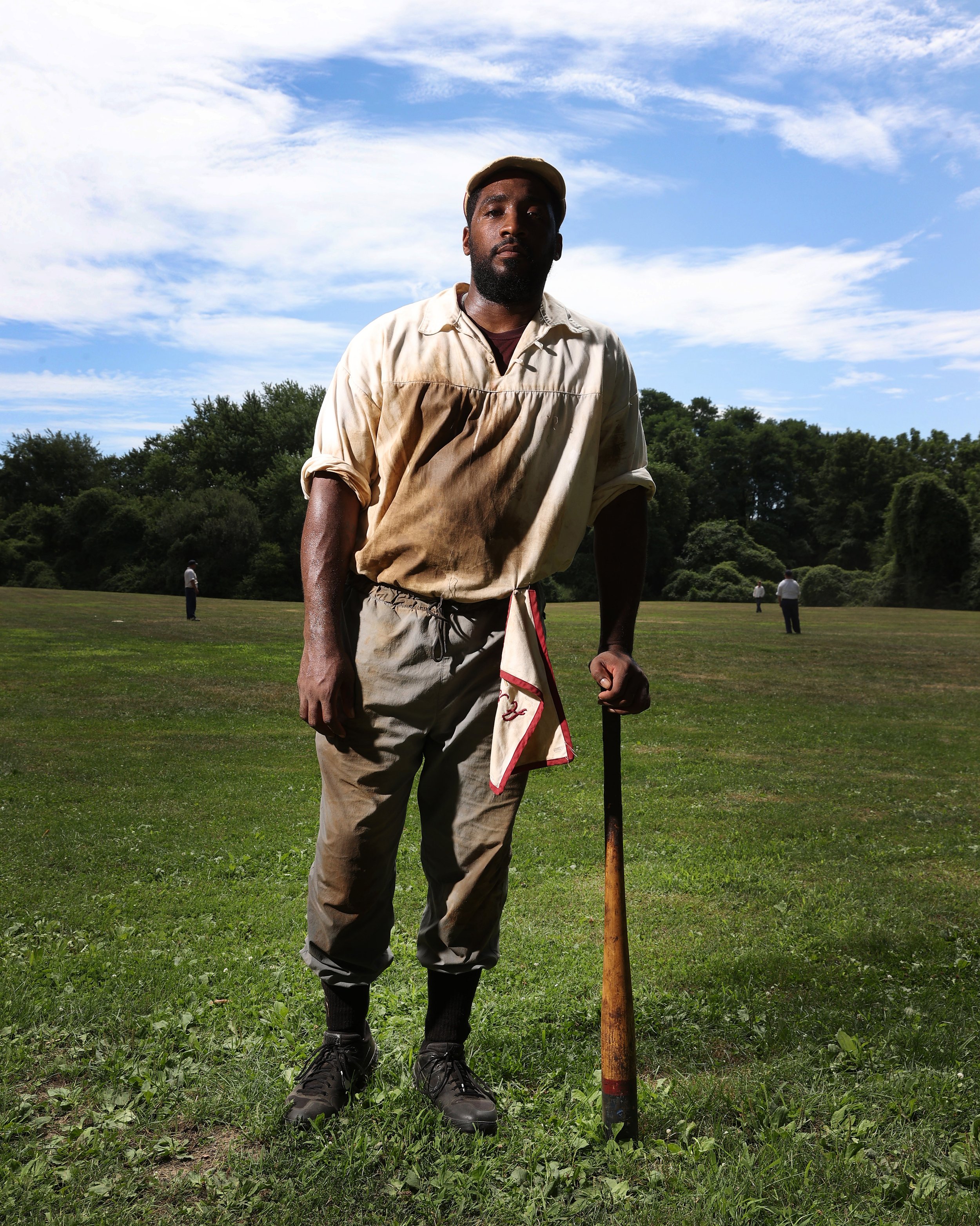  Phillip Reece Jr. of the Brooklyn Atlantics poses for a portrait during the 25th Annual Doc Adams Old Time Base Ball Festival at Old Bethpage Village Restoration on August 07, 2022 in Old Bethpage, New York. 