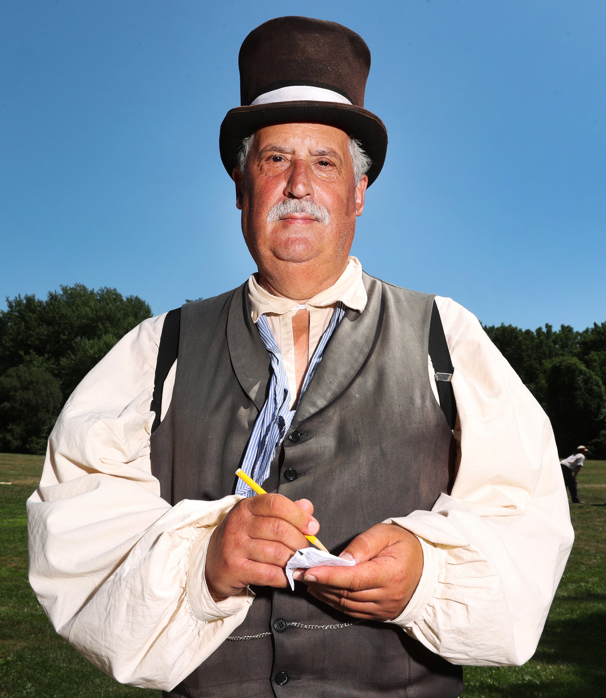  Umpire Gary Monti poses for a portrait during the 25th Annual Doc Adams Old Time Base Ball Festival at Old Bethpage Village Restoration on August 07, 2022 in Old Bethpage, New York.  