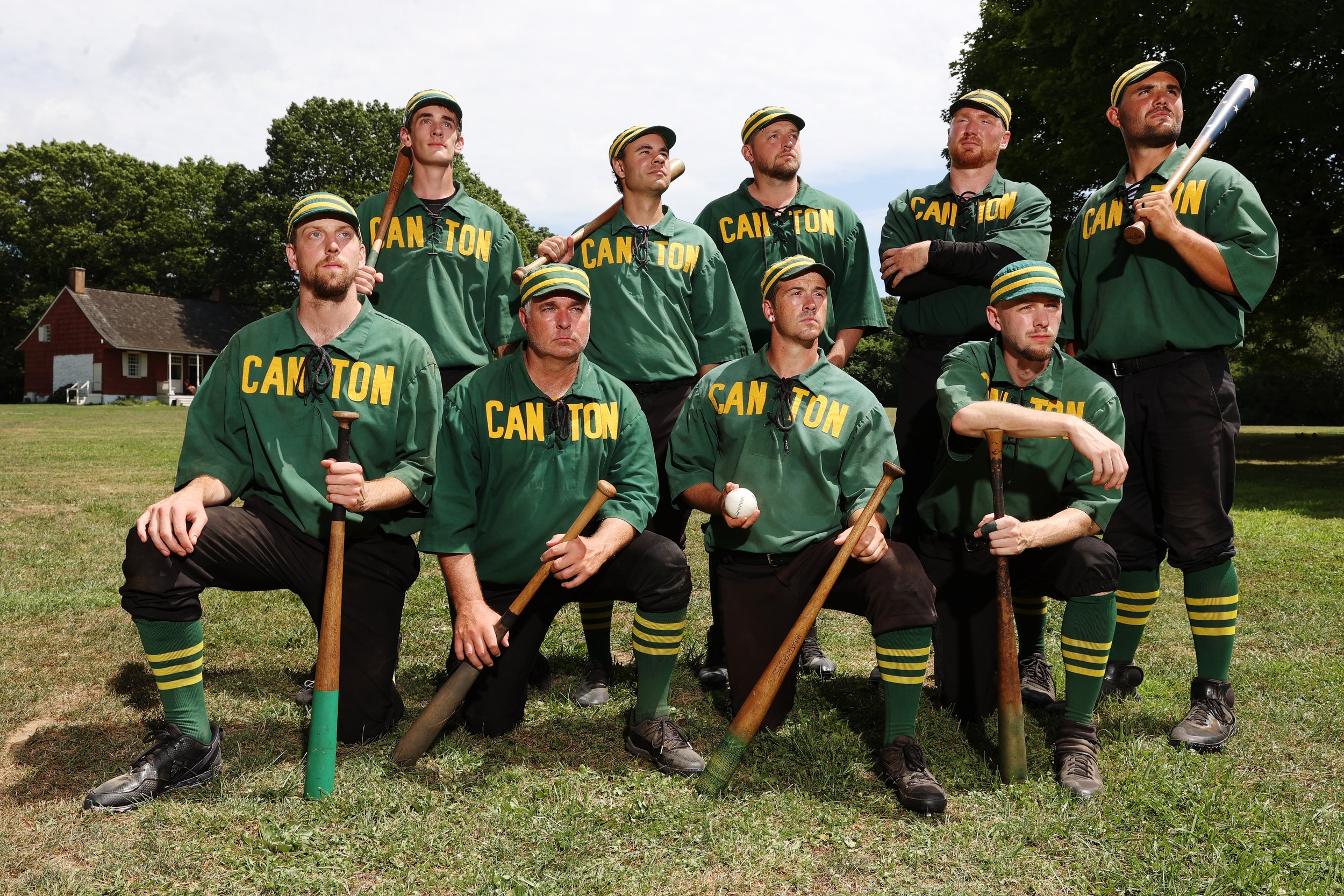  The Canton Cornshuckers pose for a photo during the 25th Annual Doc Adams Old Time Base Ball Festival at Old Bethpage Village Restoration on August 07, 2022 in Old Bethpage, New York. 
