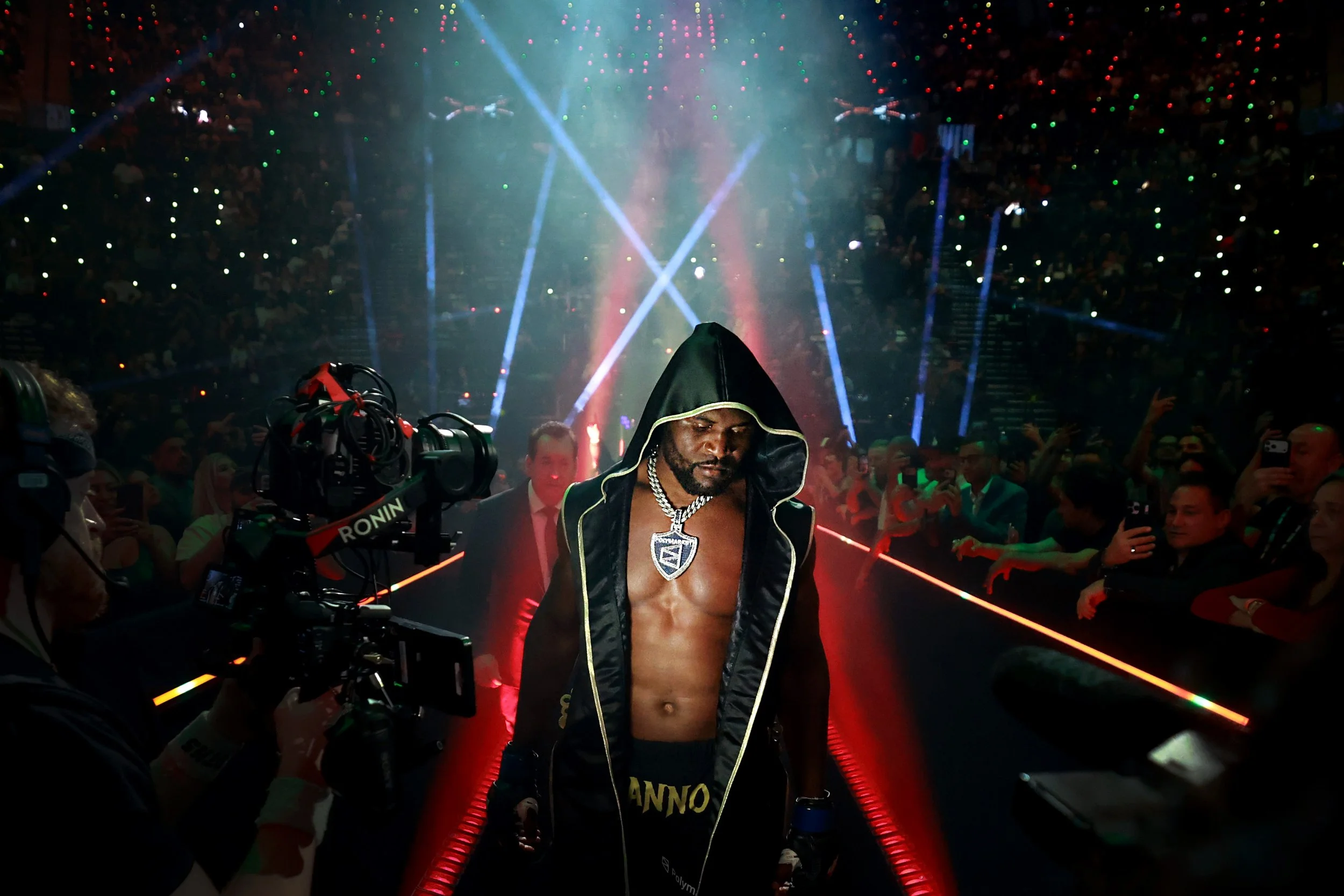  Francis Ngannou walks to the ring before his heavyweight bout against Philipe Lins during the main card of Netflix's Ronda Rousey vs. Gina Carano at Intuit Dome on May 16, 2026 in Inglewood, California. 