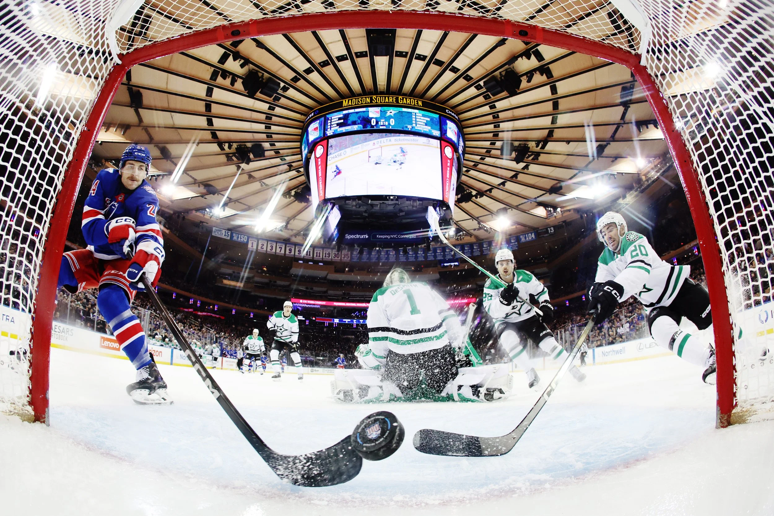  Carson Soucy #24 of the New York Rangers scores a goal as Kyle Capobianco #20 of the Dallas Stars defends during the first period at Madison Square Garden on December 02, 2025 in New York City. The Rangers won 3-2. 