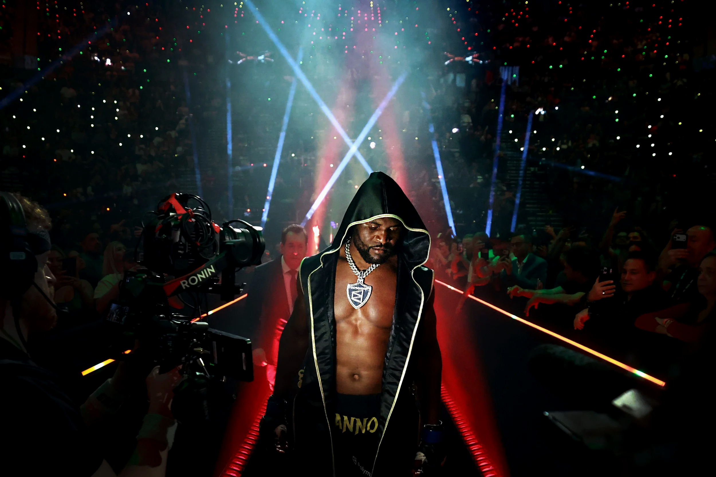  Francis Ngannou walks to the ring before his heavyweight bout against Philipe Lins during the main card of Netflix's Ronda Rousey vs. Gina Carano at Intuit Dome on May 16, 2026 in Inglewood, California. 