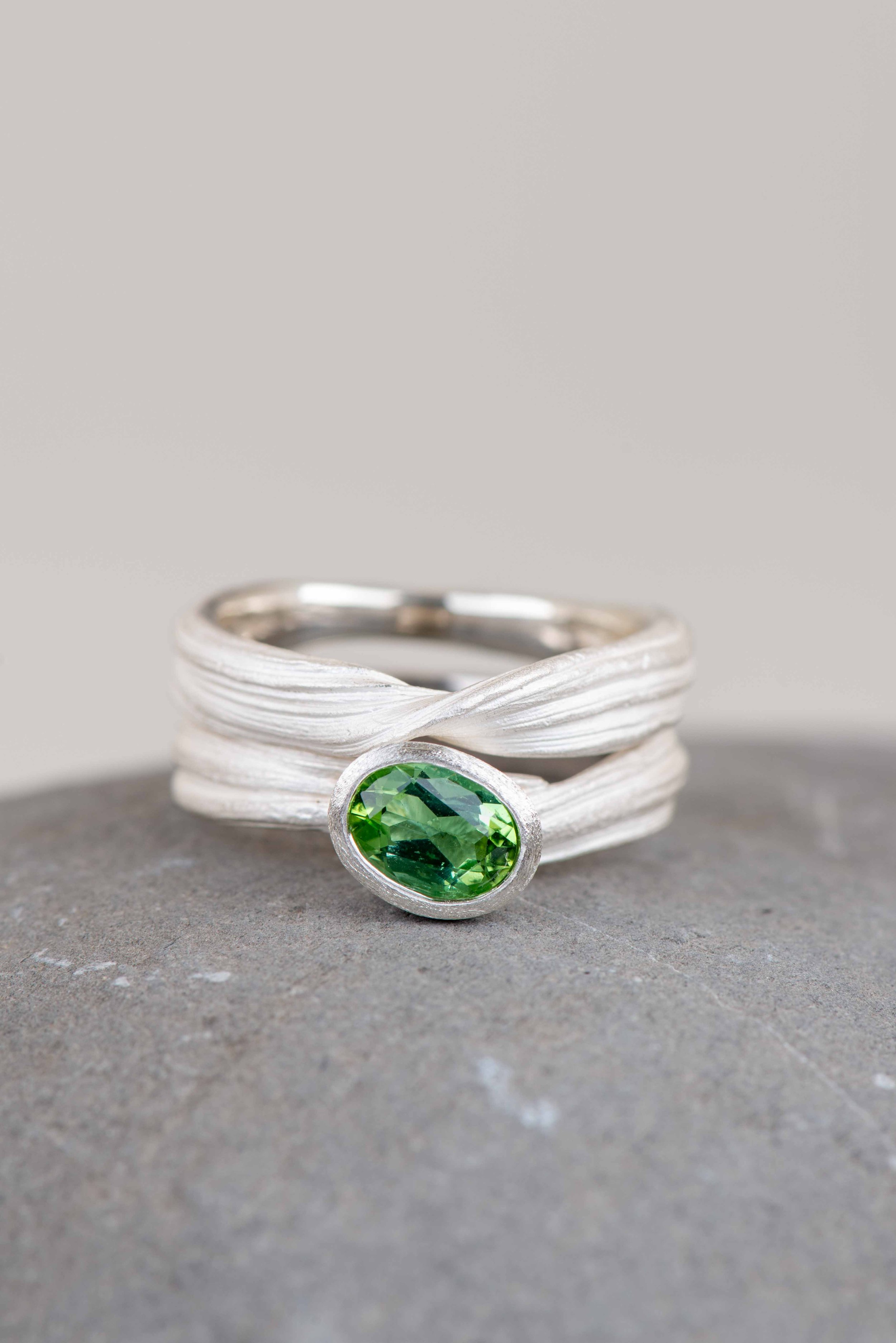 Recycled silver Mitsuro Hikime rings with oval green tourmaline. Can be worn as stacking rings or alone.