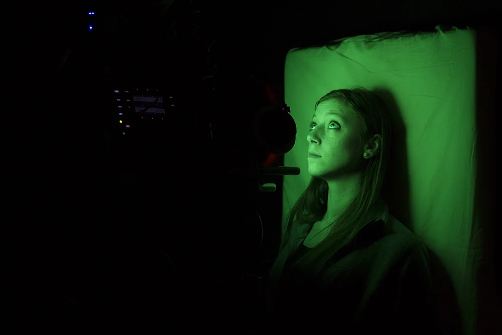 Johanna standing in for an extreme close-up eye shot on Fear Clinic.