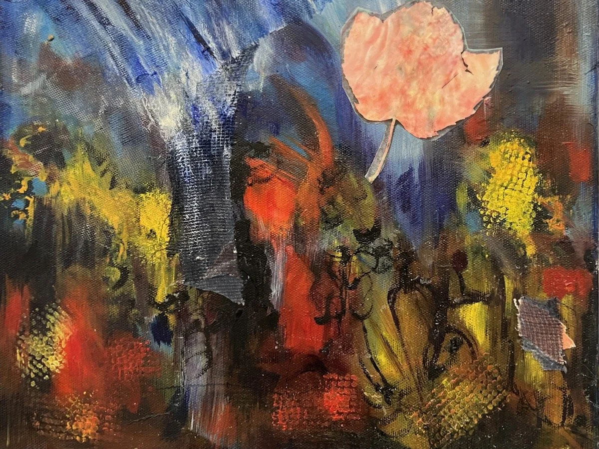 A Float    9" x12"  mixed media silk screen image, acrylic paint on canvas