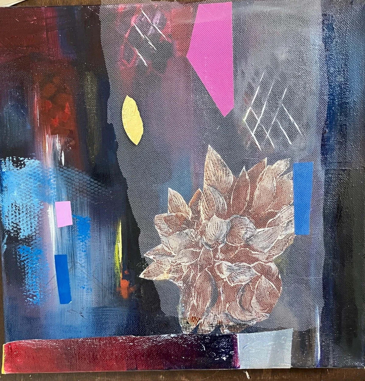 Somnolent  12" x12" mixed media , screen print image transfer, collage and acrylic paint on canvas