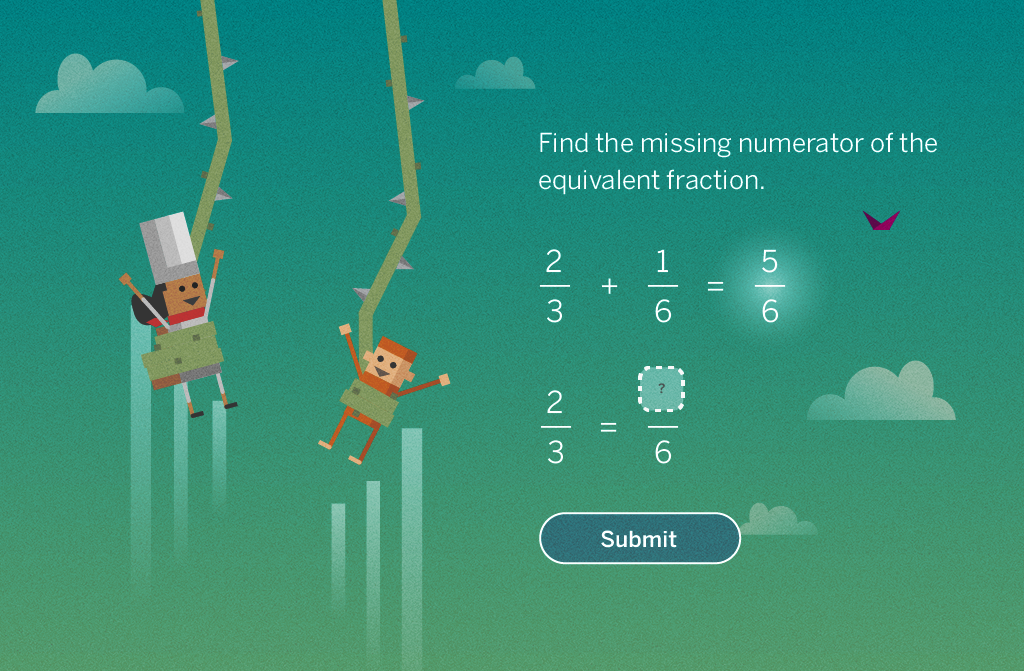 Chef and Monkey are climbing up a beanstalk. Students help them reach the top by using fractions.