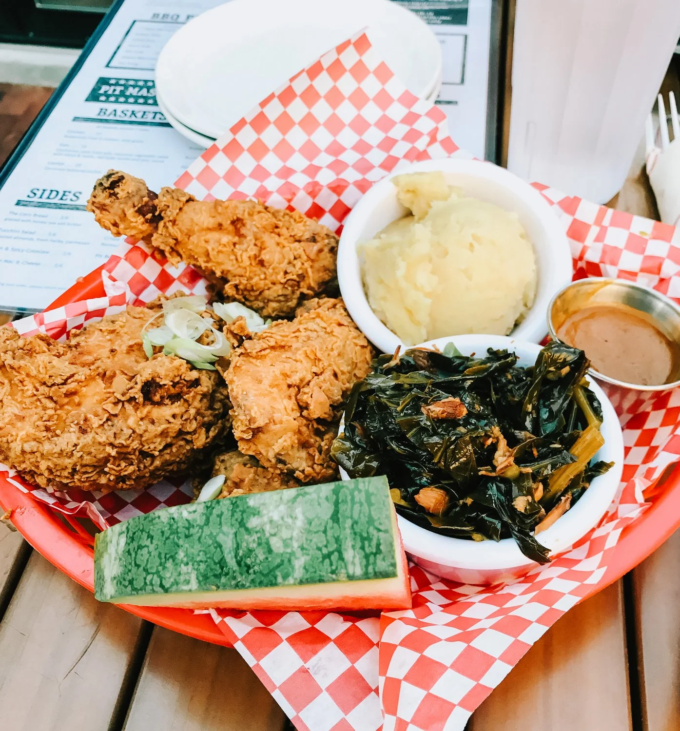 The famous watermelon and fried chicken platter
