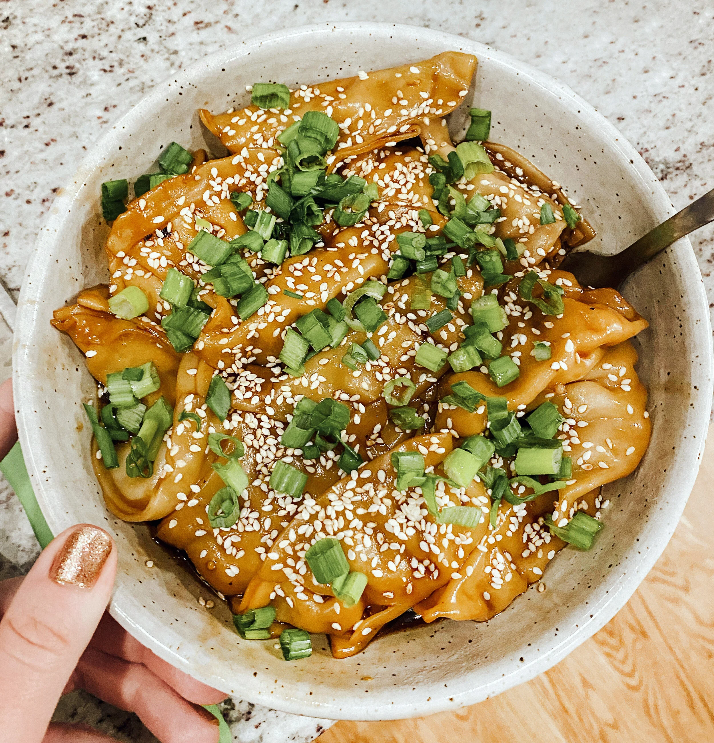 Lena’s One Pan Sweet Sesame Potstickers