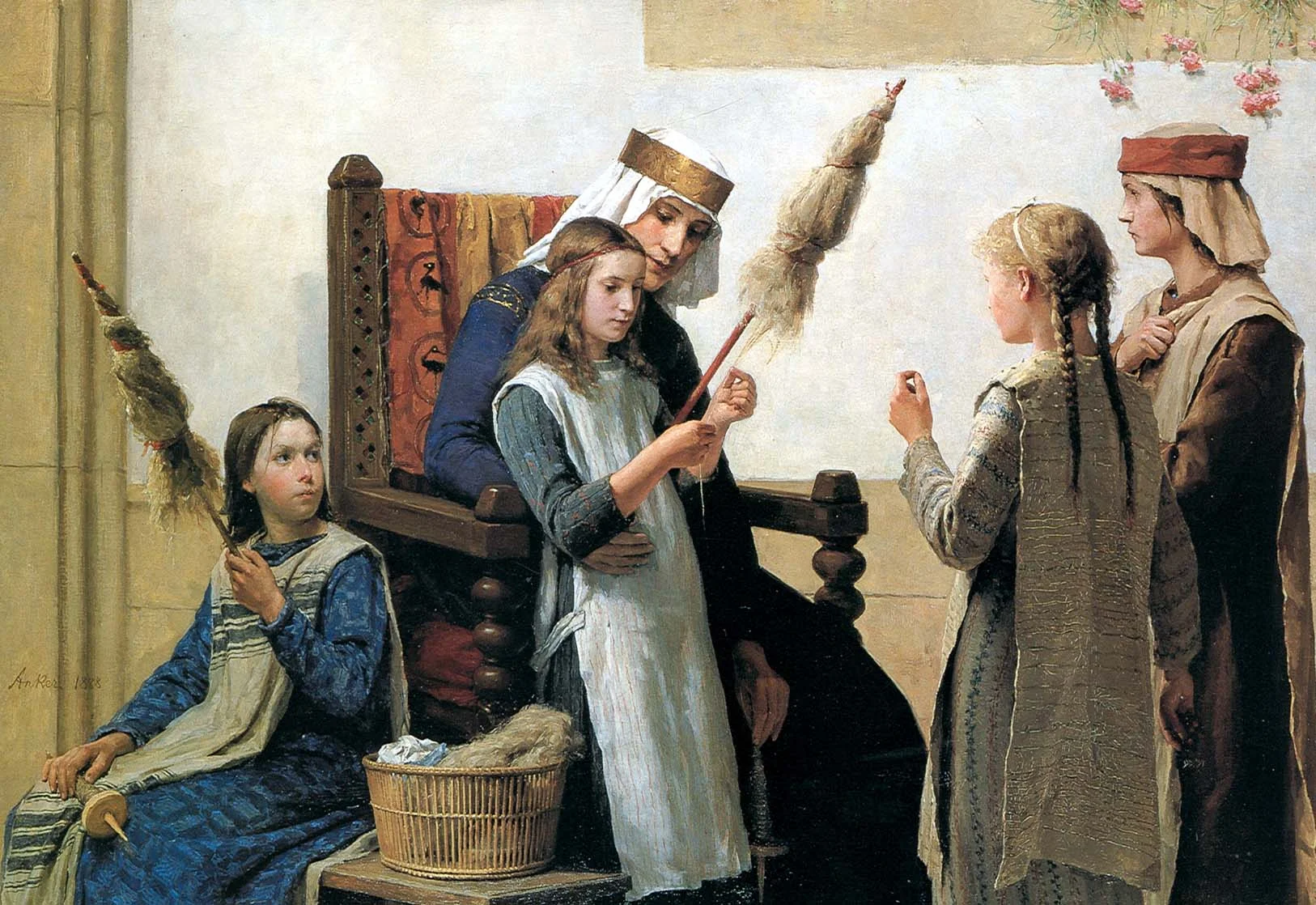 Queen Berthe instructing girls to spin flax on spindles using distaffs, Albert Anker , 1888