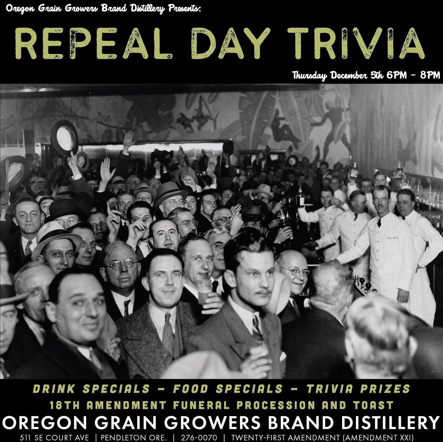 You asked for it! You are getting it! Repeal Day Trivia night December 5th 6pm to 8pm. Drink specials, food specials. 18th amendment funeral procession and toast!⁣
.⁣
.⁣
.⁣
.⁣
.⁣
#bar #bartender #burger #cheers #cheese #cocktail #cocktails #cocktails
