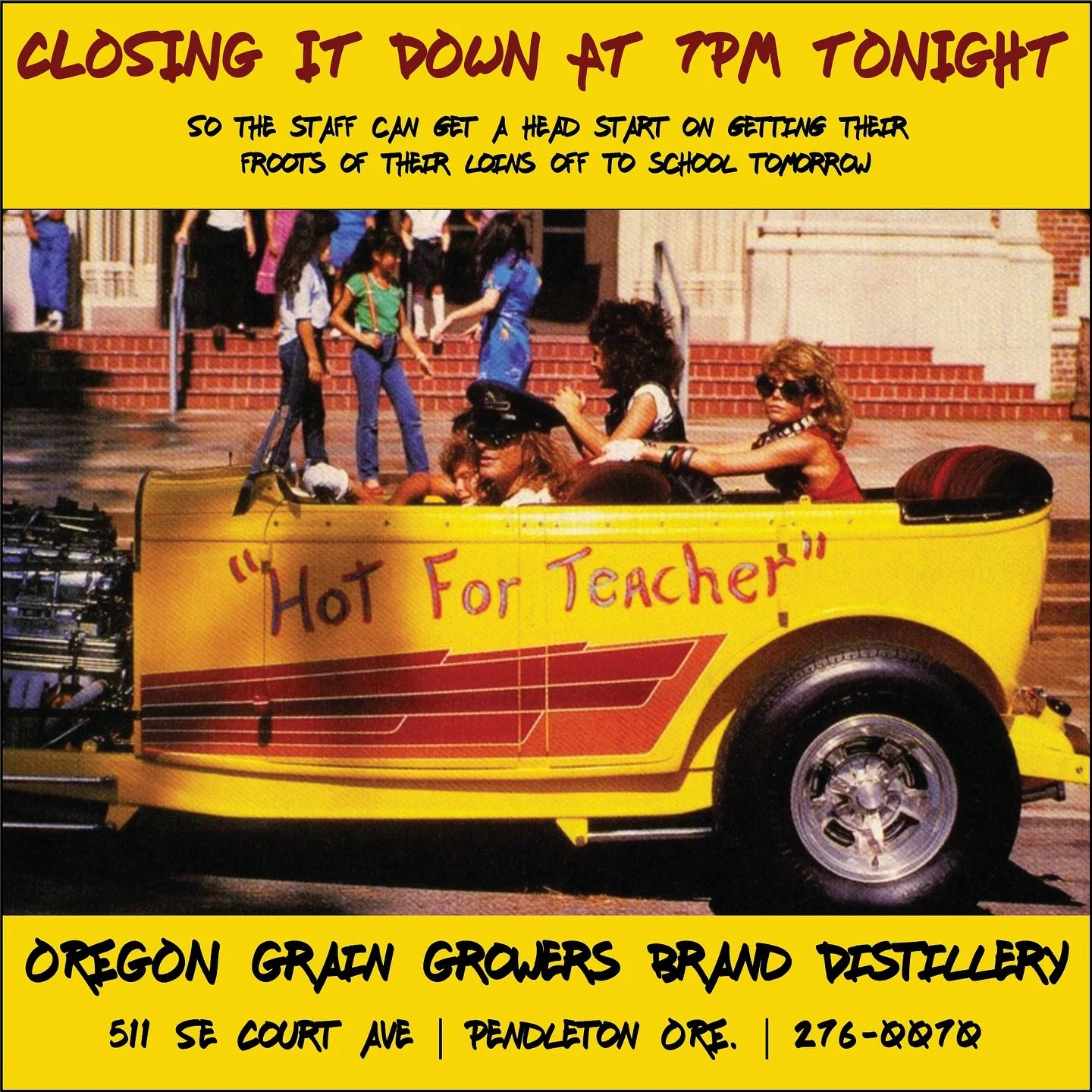 Shutting down at 7pm tonight so the staff can get a head start on getting their kids to skool!! #pendletonotegon #stayinskool