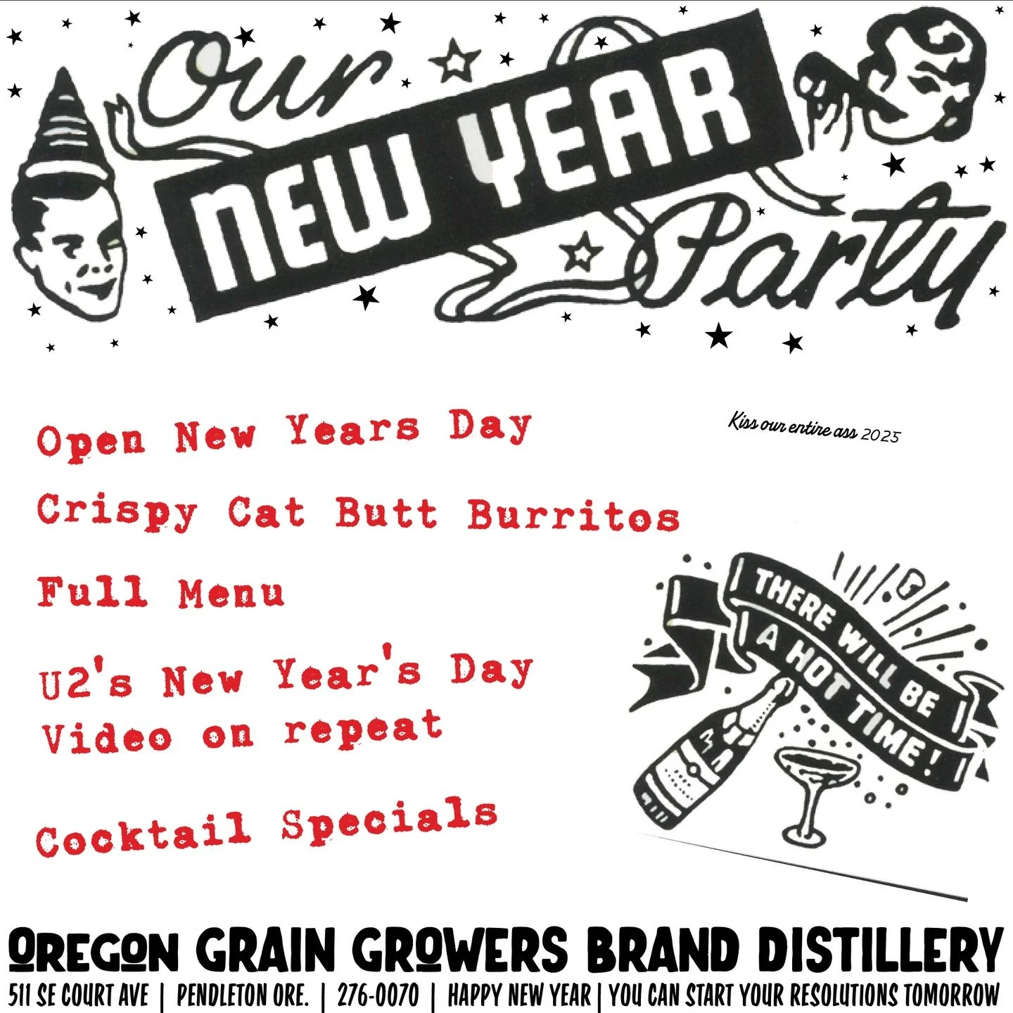 Open this Thursday New Years Day! Going to have a good time and welcome 2026 with some Crispy Burritos and Cocktails