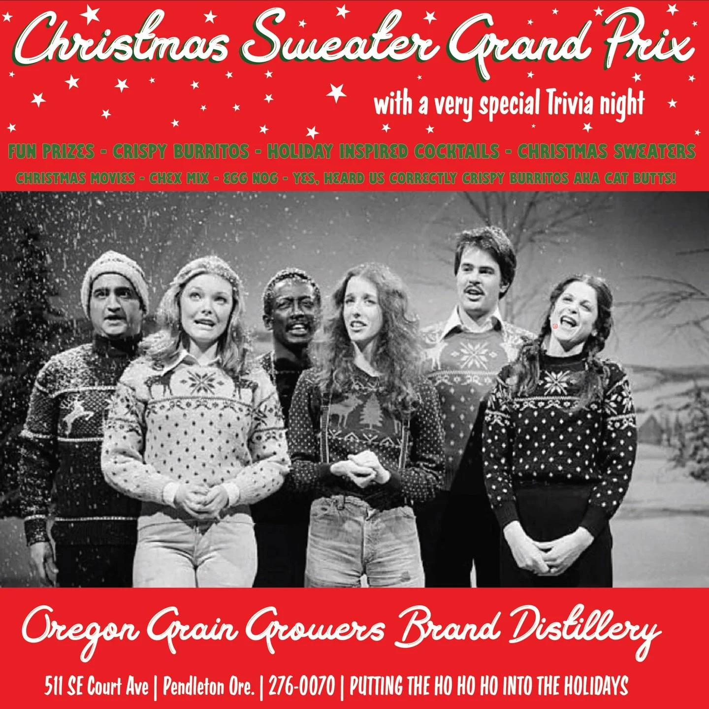 Christmas Sweater Gran Prix, Trivia Night, and Crispy Burritos. The trinity of holiday party&rsquo;s! December 19th 6pm to 8pm. Bring you and yours for a fun filled night of Yule tide and classic holiday cocktails.#Christmassweaters #santa #cocktails