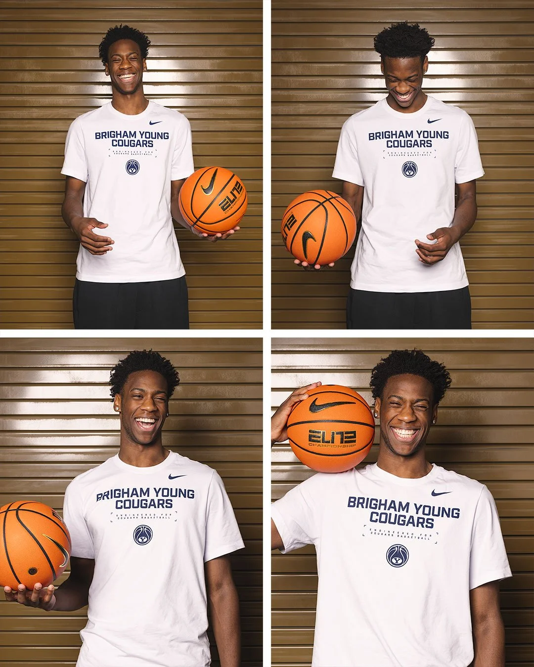 Professional portrait collage of AJ Dybantsa for Sports Illustrated. Four distinct frames showing the top NBA prospect in BYU gear, posing with a basketball against a neutral industrial backdrop. Photographed by MANICPROJECT