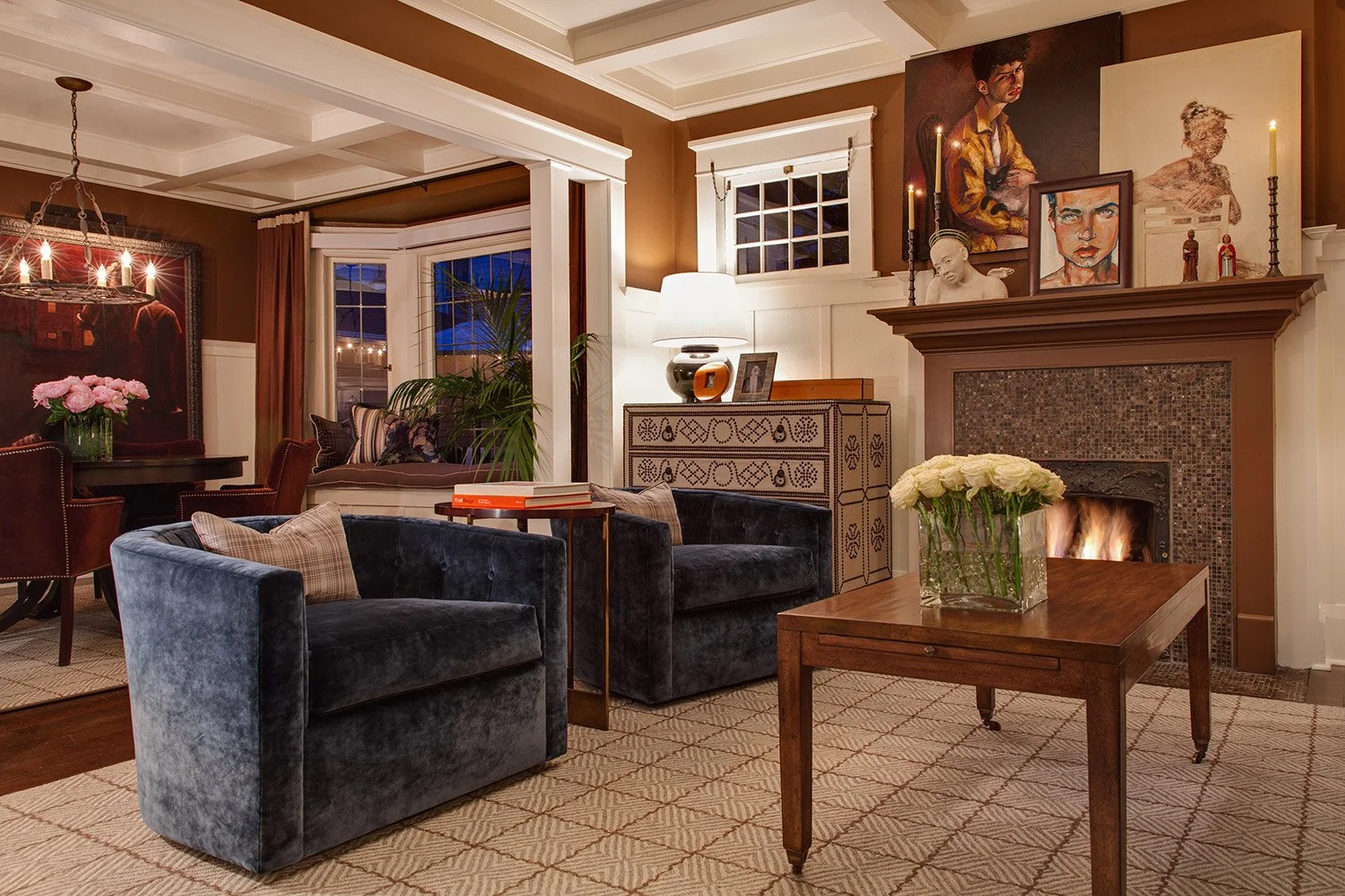  High-end luxury interior design photography in Salt Lake City by MANICPROJECT. This shot captures a warm nighttime mood in a modern living space, featuring sophisticated lighting and high-contrast editorial styling 