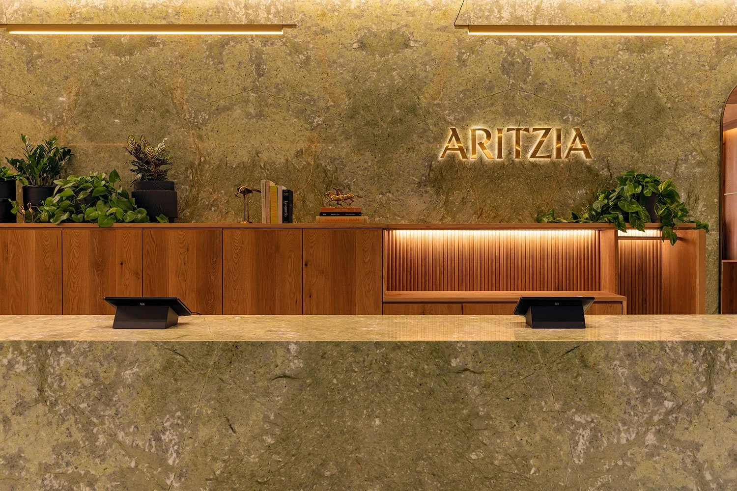  Commercial interior photography capturing the reception desk and modern retail design details within the Aritzia boutique, highlighting refined materials and spatial flow 