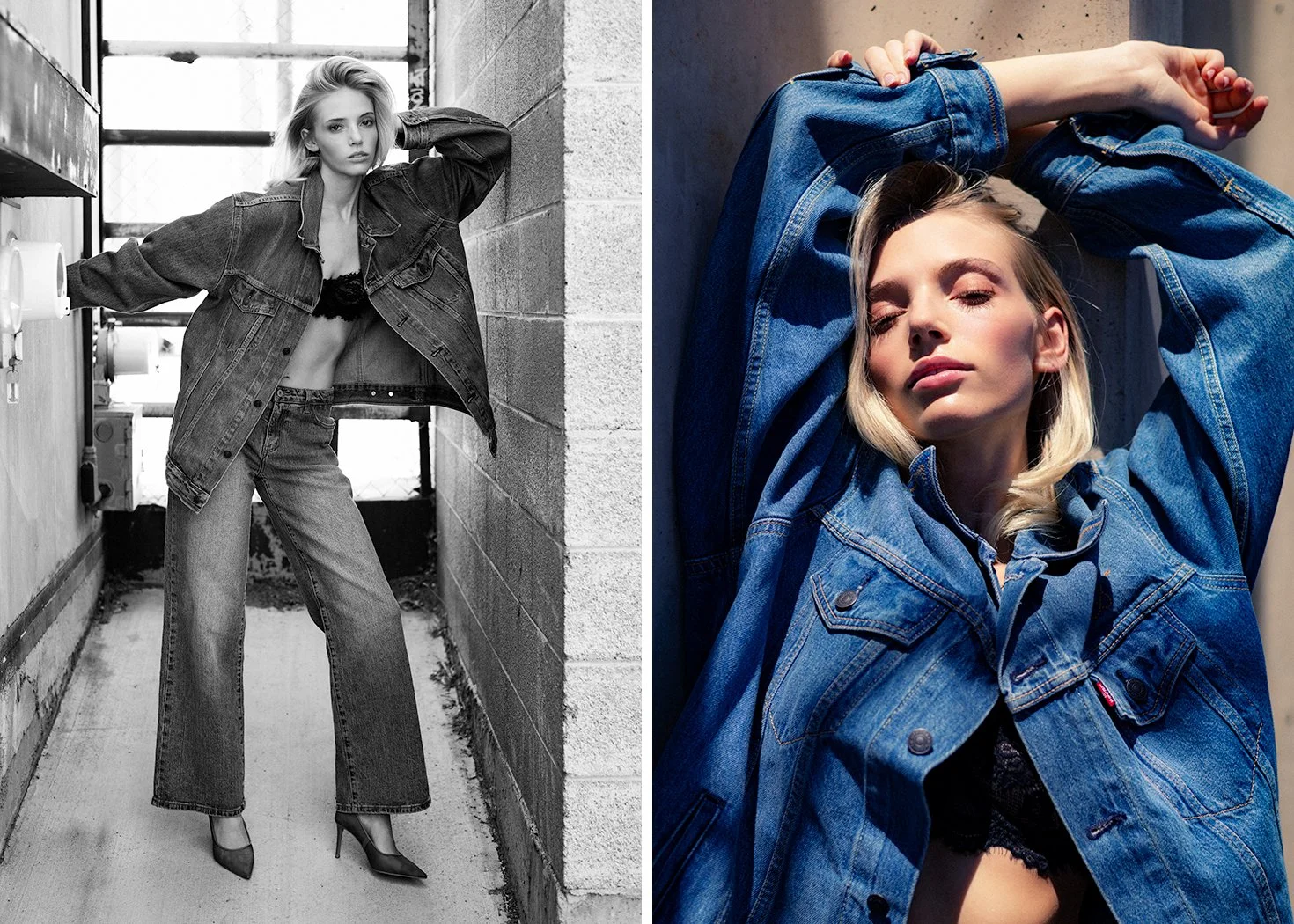 Outdoor denim fashion diptych of Emma, featuring a wide-angle industrial brick backdrop on the left and a tight, sun-drenched close-up in a Levi's denim jacket on the right, photographed by MANICPROJECT.