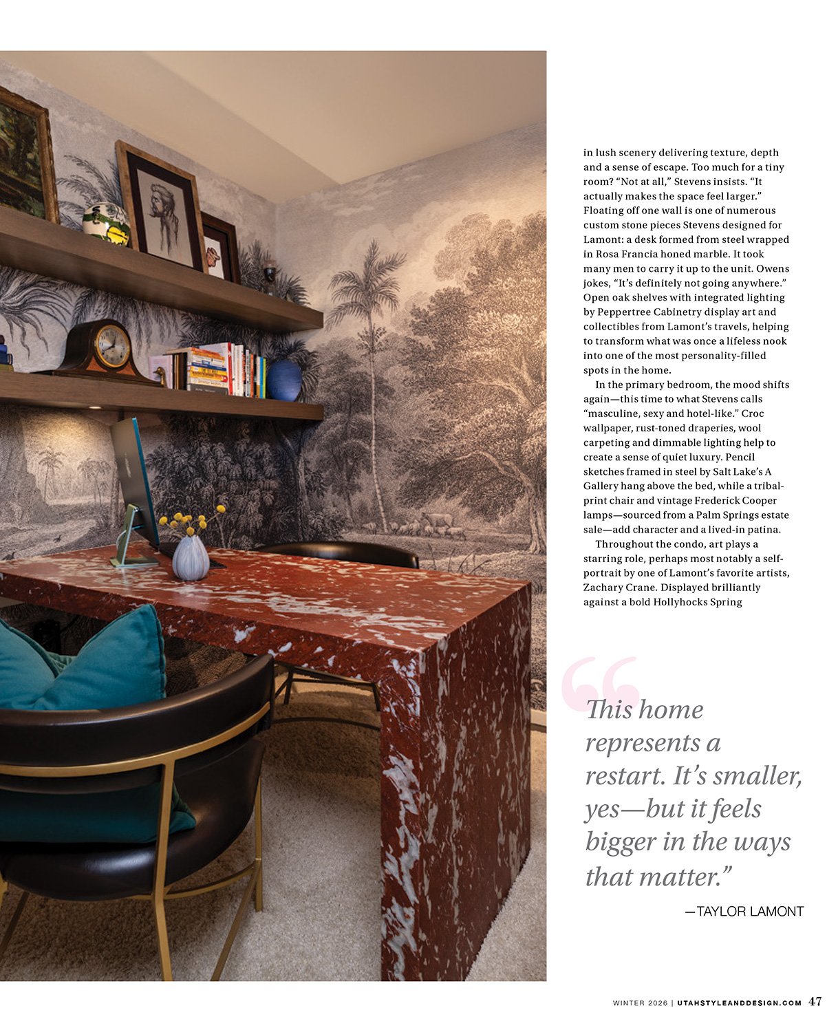 Interior design photography of a custom stone desk in a luxury home office, featured in Utah Style & Design magazine. Photographed by Phillip Istomin.