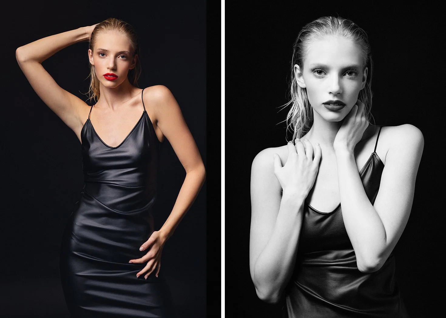 High-contrast studio portrait of Emma in a black satin slip dress against a dark background, showcasing dramatic lighting and professional modeling portfolio range