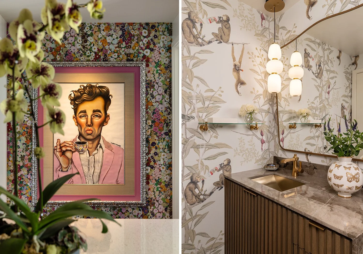 Editorial interiors photography for Curious Homes showcasing a unique Salt Lake City condo powder room with bold patterns.