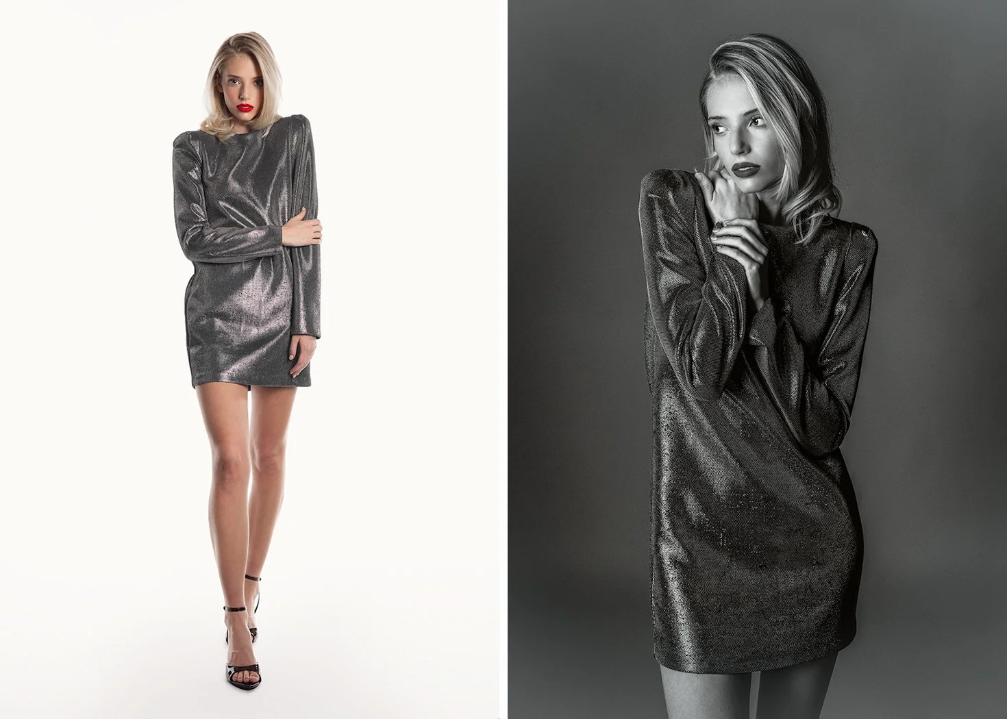 Editorial studio portrait of Emma wearing a silver metallic long-sleeve dress for her model portfolio development shoot in Salt Lake City, photographed by MANICPROJECT