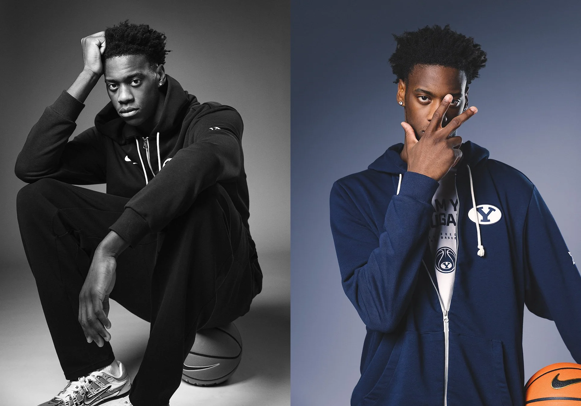 Black and white seated portrait and close-up blue hoodie studio shot of NBA prospect AJ Dybantsa for Sports Illustrated. Magazine-worthy editorial photography by MANICPROJECT highlighting the personality and athletic presence of the BYU star