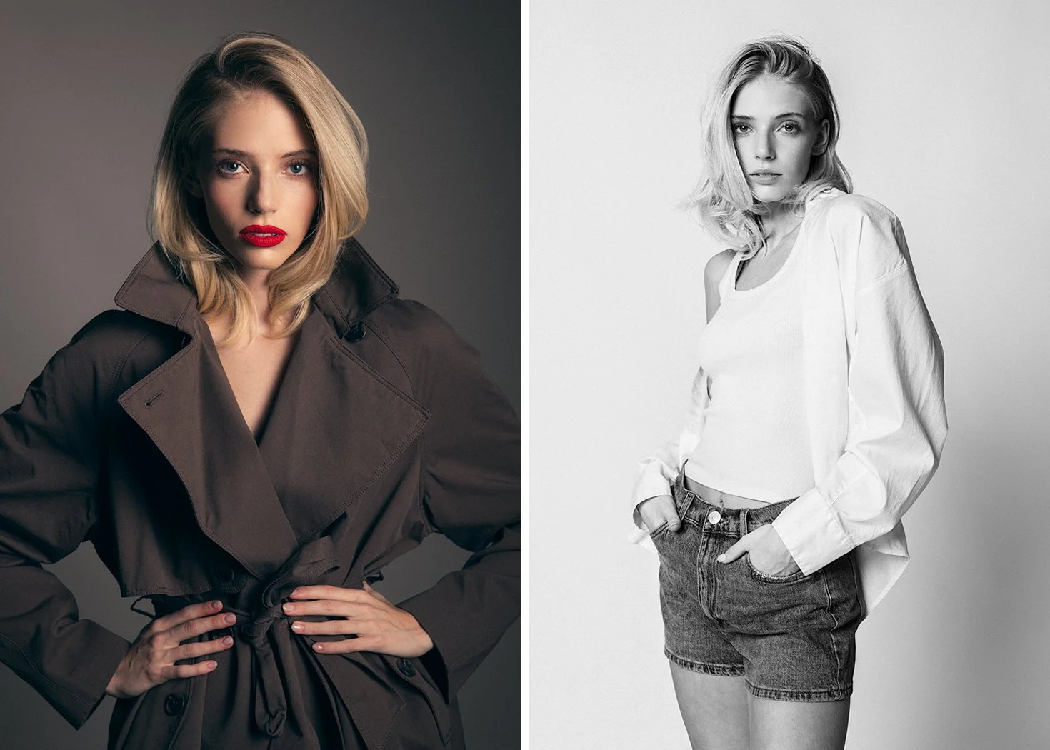 Dual-concept fashion portrait of an emerging Utah model during a portfolio development session with TMG Talent, highlighting high-contrast studio lighting and creative direction.