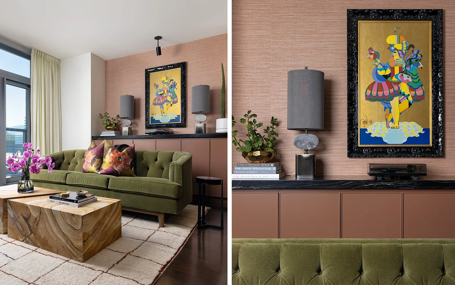 Luxury interior photography of a modern living room featuring a green velvet sofa, stone coffee table, and colorful art for Curios Homes.