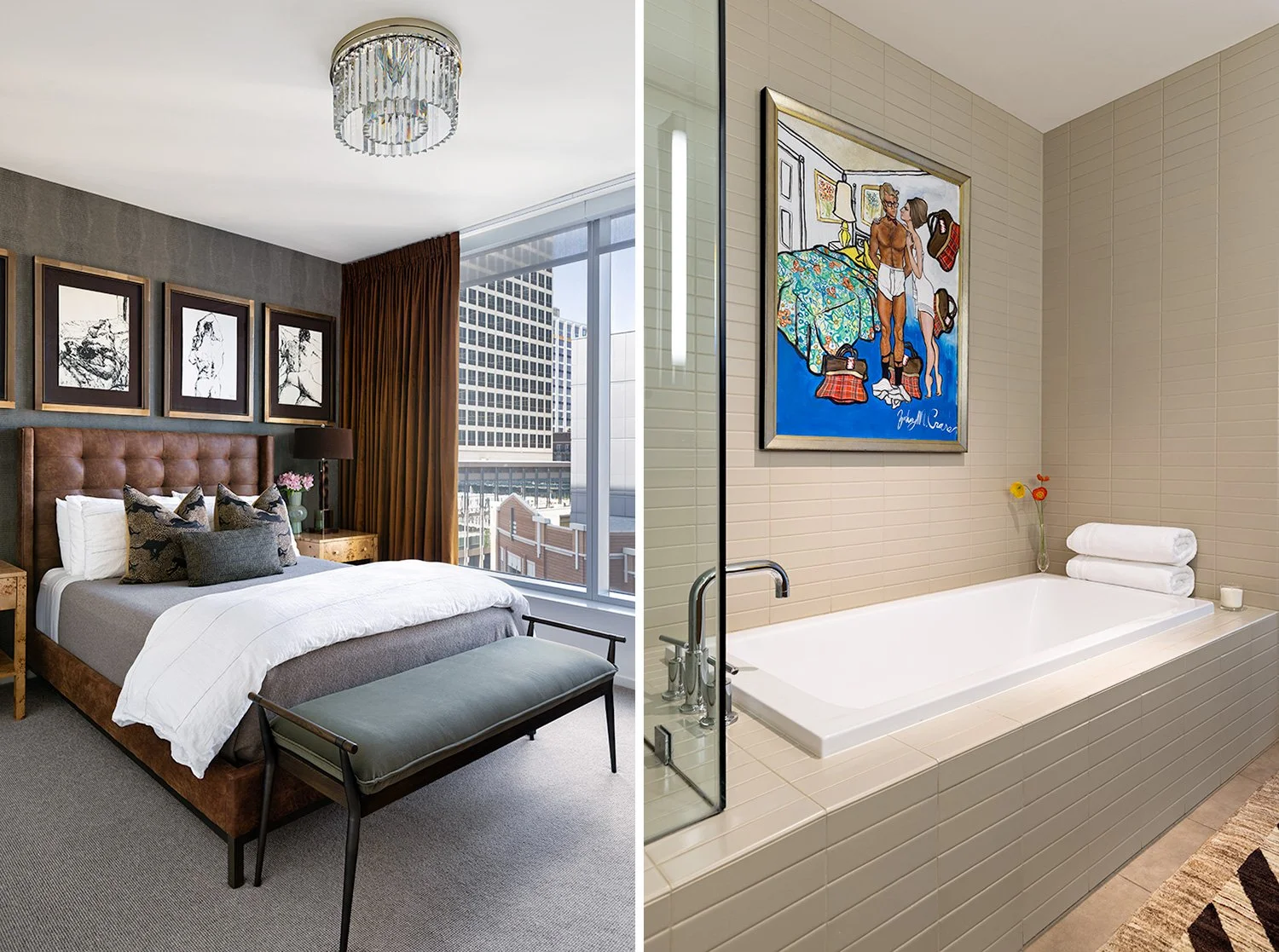 Salt Lake City luxury condo bedroom and bathroom interior photography by Phillip Istomin for the "Small Space, BIG Personality" magazine feature.