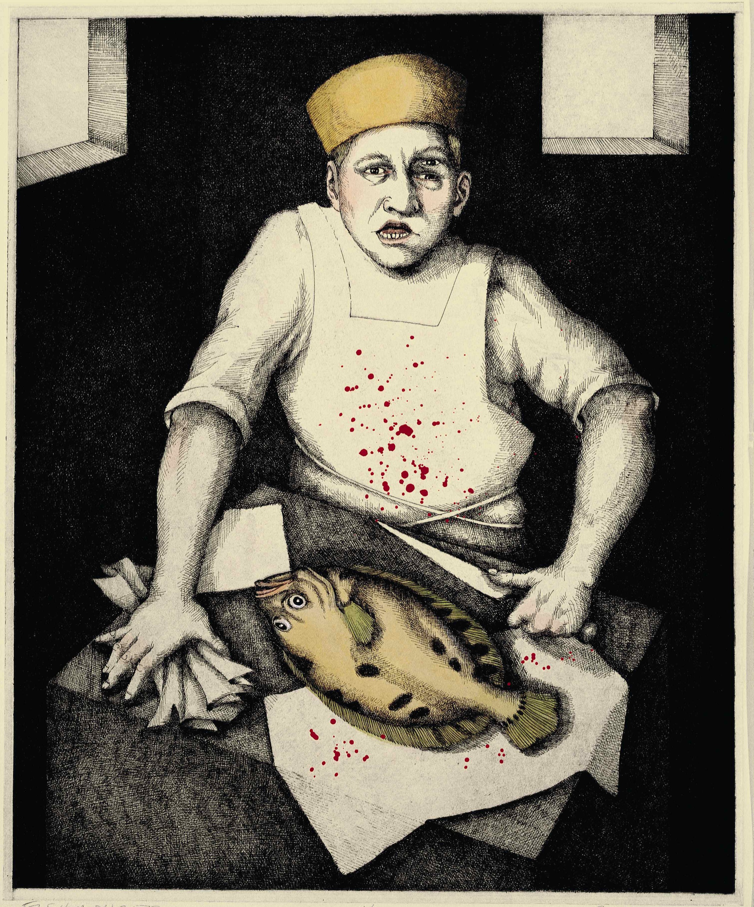 Fishmonger   2003 , ed. 50, etching with gouache 13x10 in.