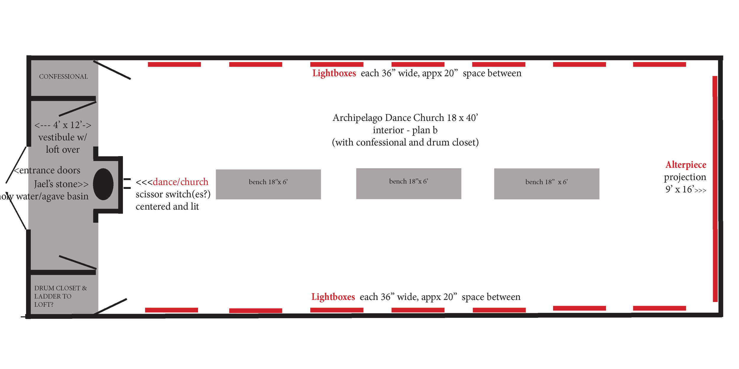 Plan B with confessional and drum closet on exit wall / loft over - see below