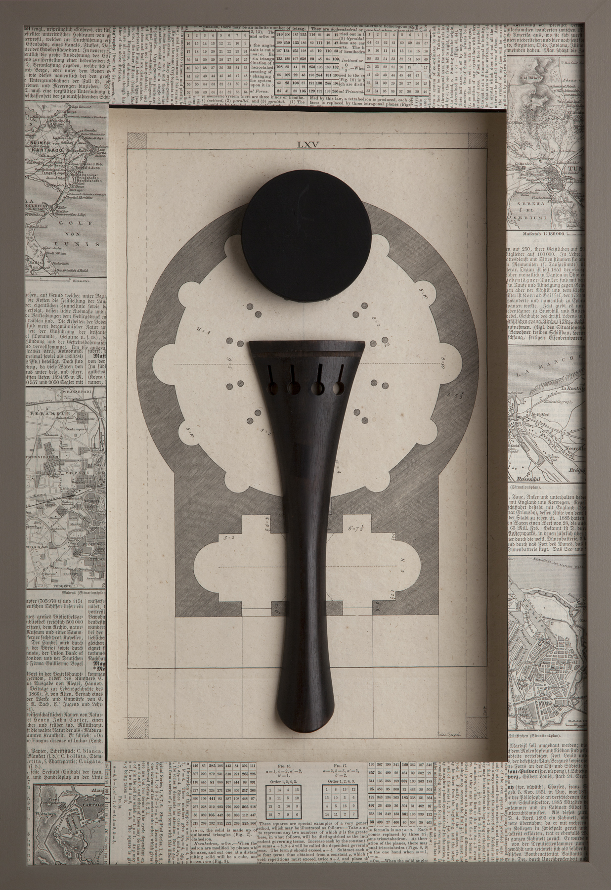 Rotunda 2017 collage, cello tailpiece, gouache & wood, 20.25 x 13.875 x 2 inches