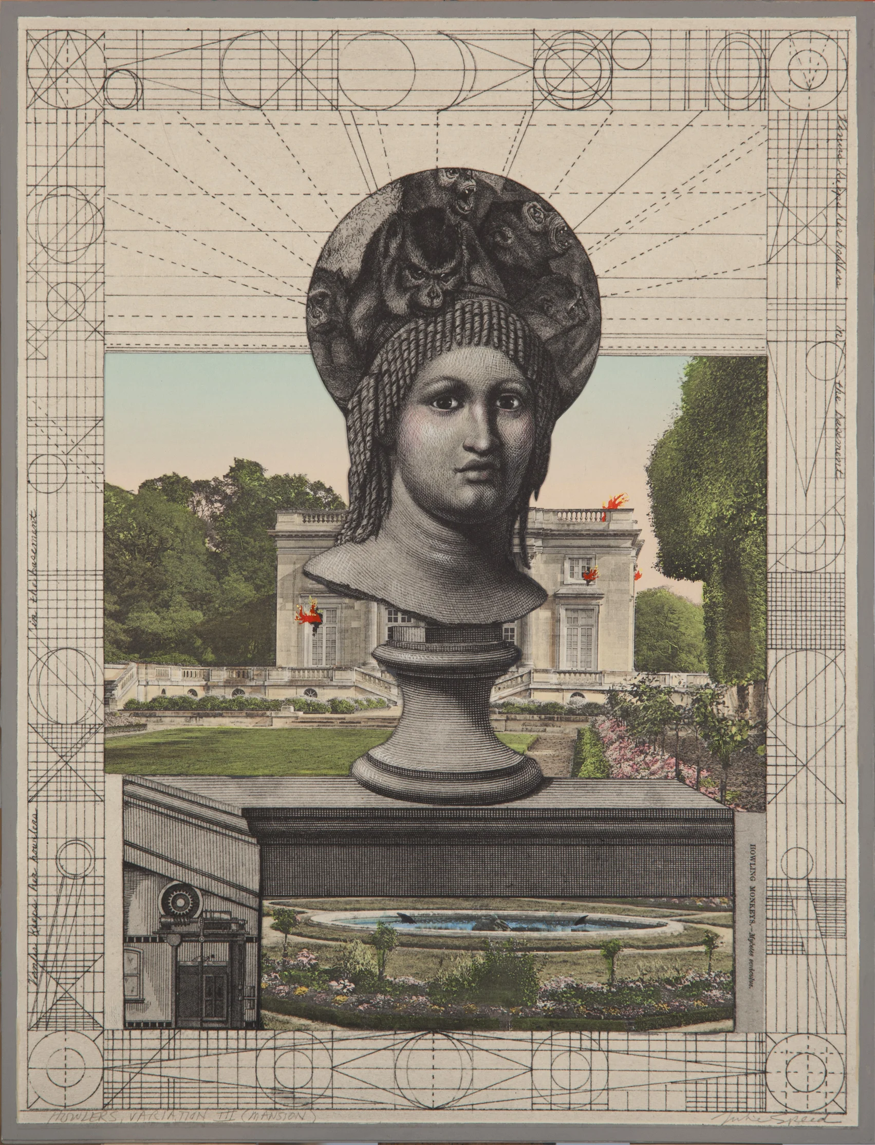 Howlers, Variation III (Mansion) 2011-2014 collage & gouache on polymer gravure etching with chine collé, 14.25 x 10.75 inches