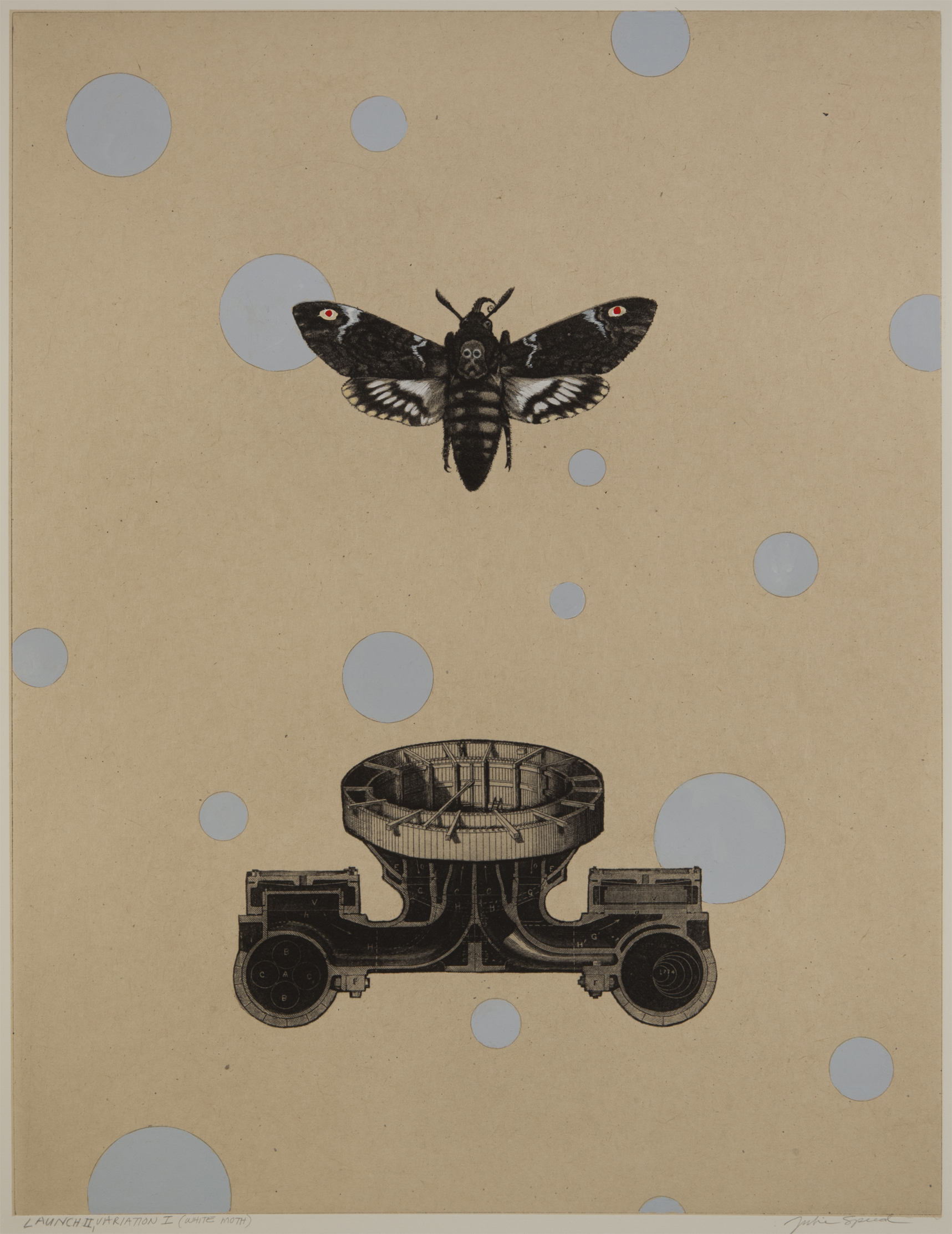 Launch II, Variation I (White Moth)   2011- 2014 gouache on polymer gravure  etching with  chine collé, 18.25 X 13.75 inches