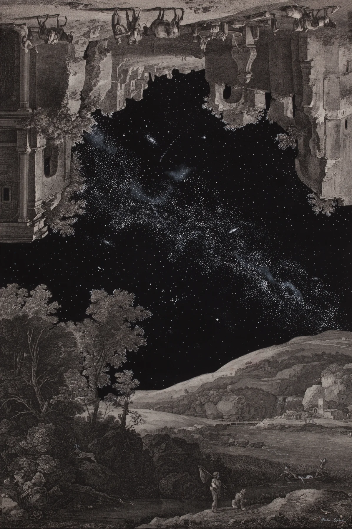 Double Night Sky 2018 oil & collage, 20 x 13 inches