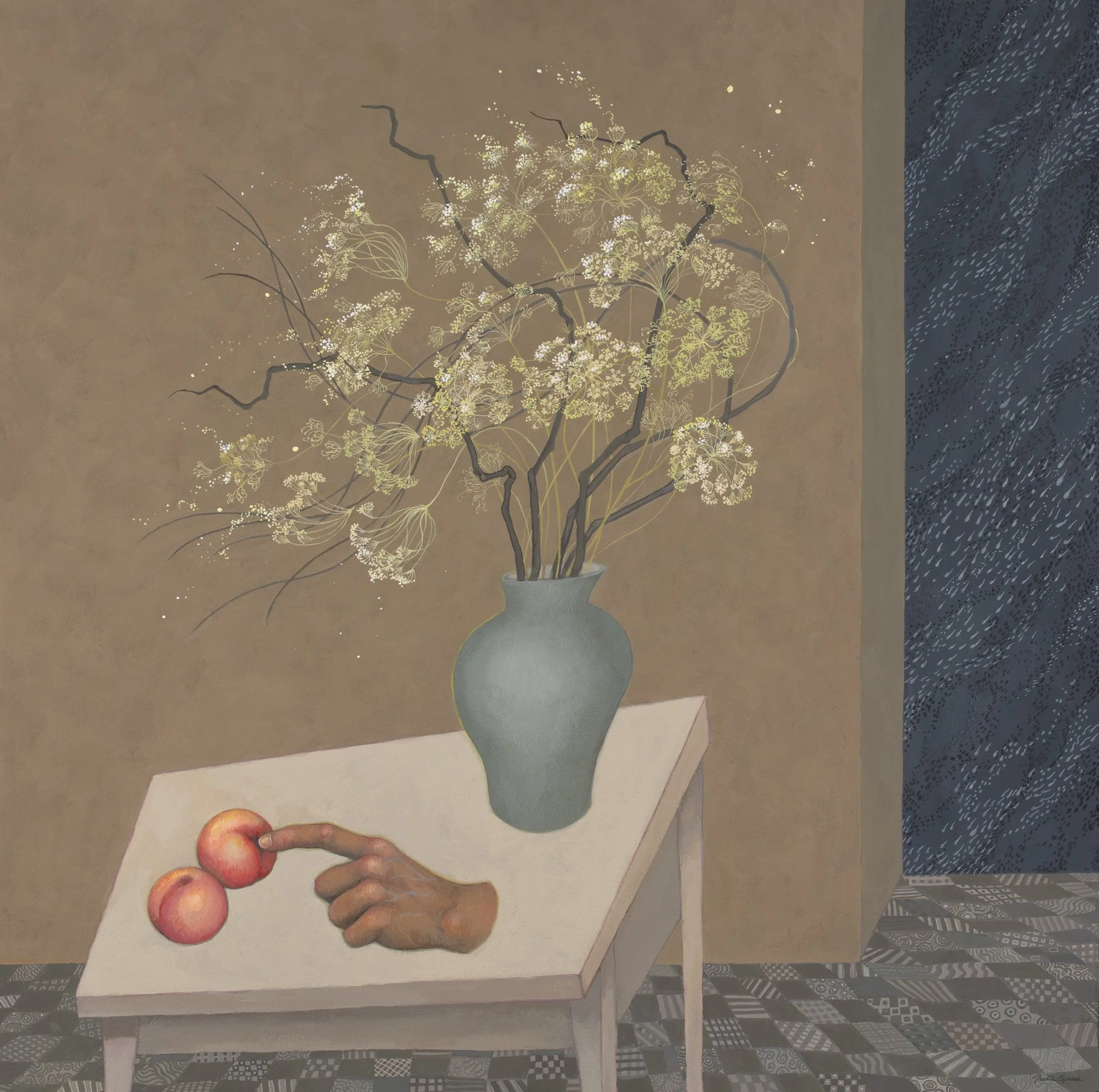 Still LIfe with Peaches  LR  2024 gouache, 40 X 40 inches_.jpg