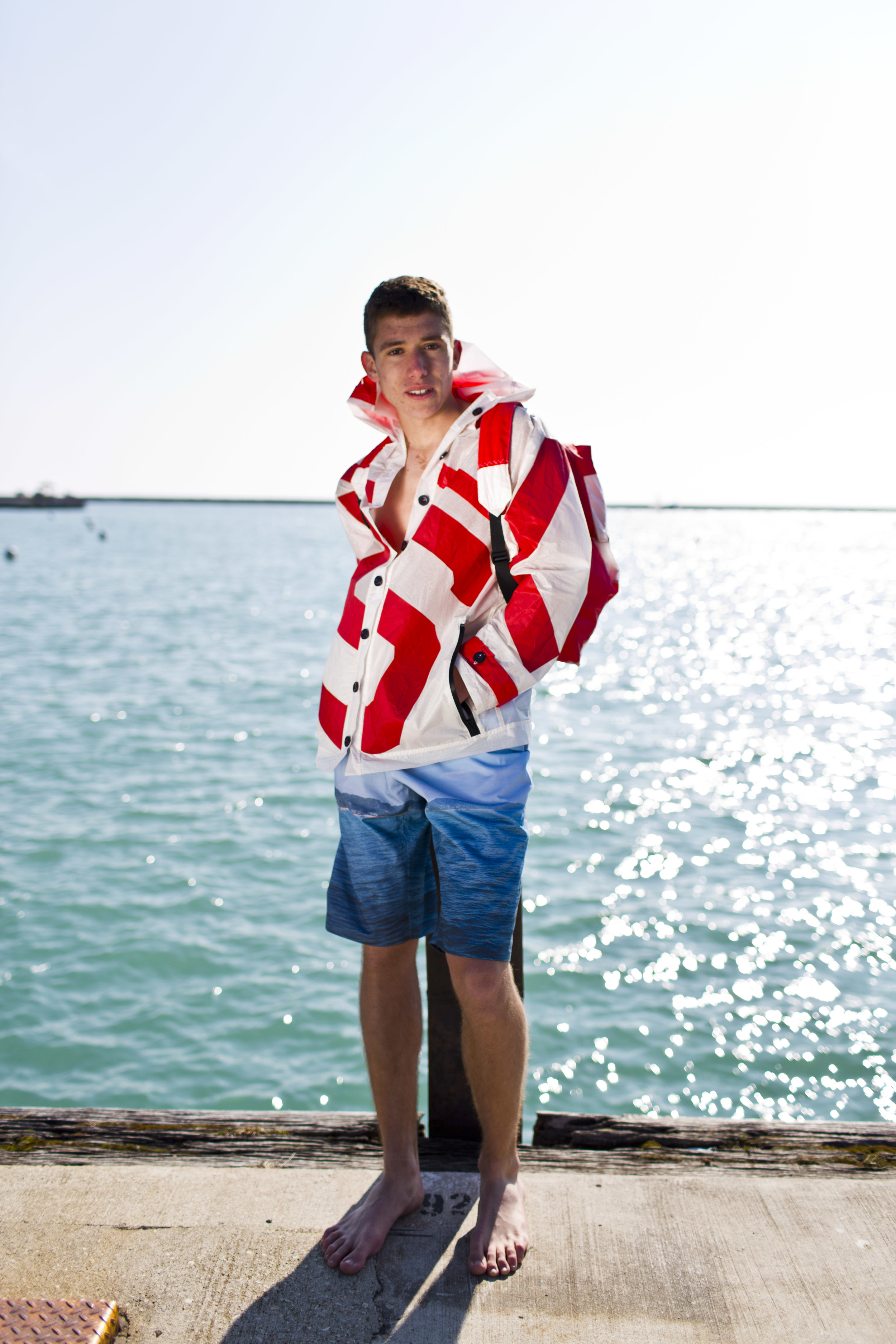 the finished sail cloth jacket and backpack with digitally printed canvas shorts 