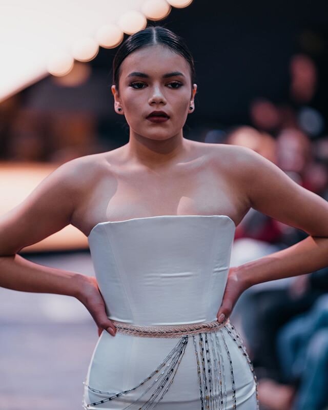 @sequan.meta wears The Theia Column Gown in Ivory Peau de Soie at @otahpiaakifashionweek &bull; #indigenousfashion #indigenousmade #nativefashionnow &bull; photos by @kellyhofer