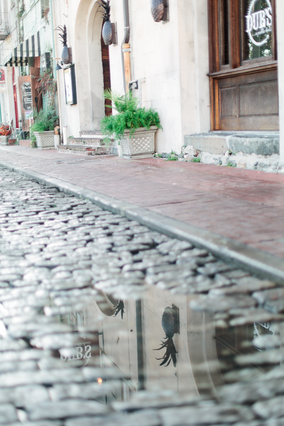 Image of a cobblestone street with a puddle of water on East River Street in historic downtown Savannah, Georgia.