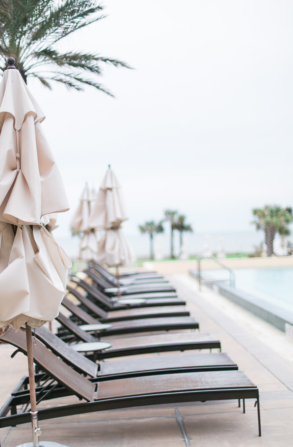 This is a picture of lounge chairs lined up in a row on a pool deck at the Omni Amelia Island Plantation Resort.