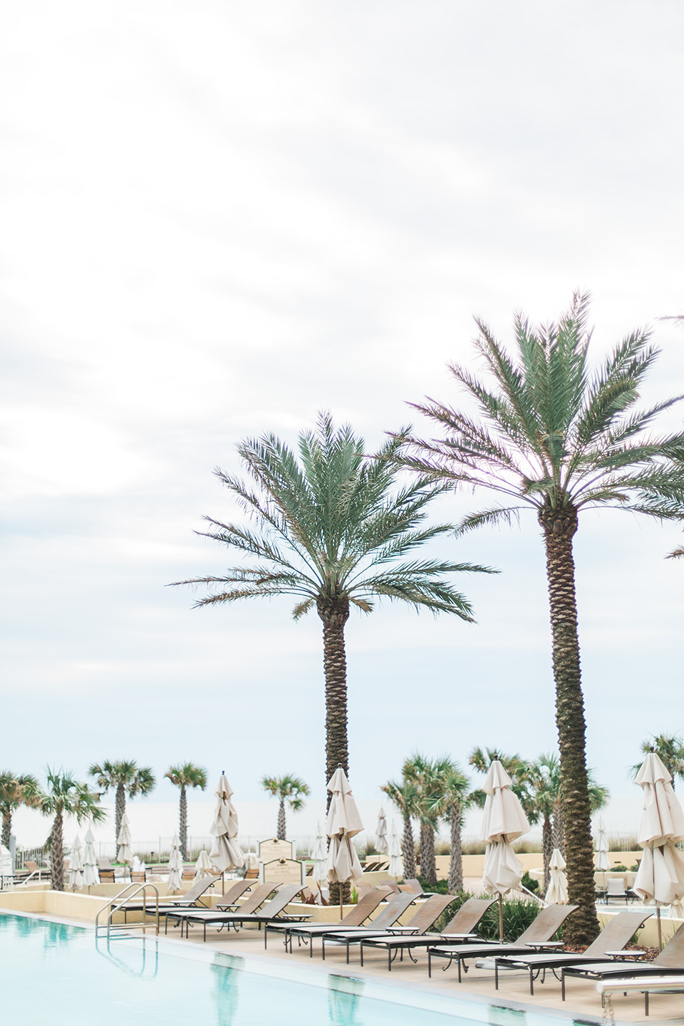 Picture of the pool deck at the Omni Amelia Island Plantation Resort.  There are lounge chairs and tall palm trees.